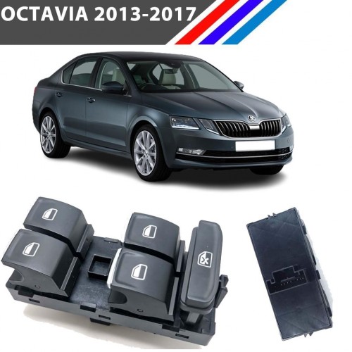Otozet - Skoda Octavia Cam Açma Düğmesi Ön Sol Dörtlü Krom Detaylı 2013-2017 5E0959857