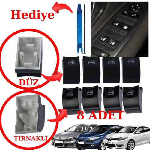 Fluence Megane 3 Laguna 3 Cam Düğmesi Seti Sağ Sol Ön Arka 8 Adetli Set